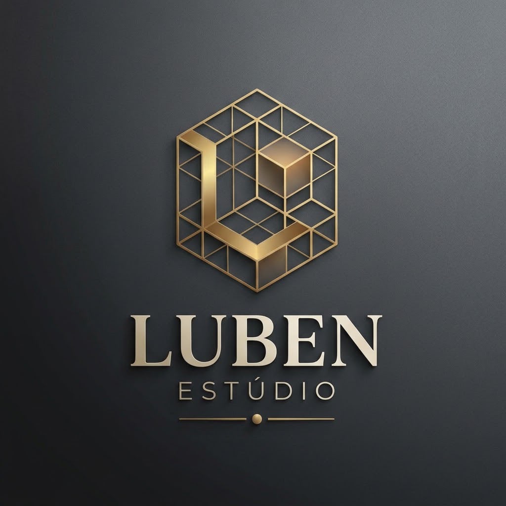 Logo oficial do LUBEN ESTÚDIO: símbolo geométrico dourado e nome da marca sobre fundo grafite